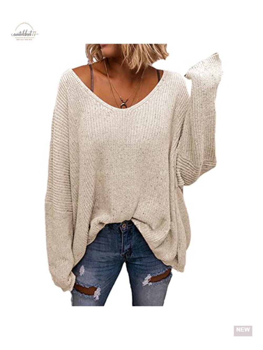Waffle Knit V-Neck Oversized Pullover Sweater Long Sleeve